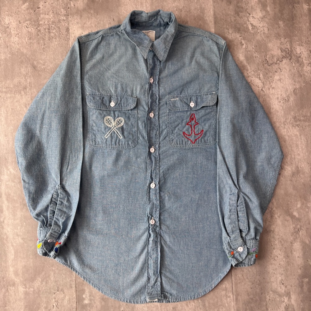 Vintage Big Mac Chambray Shirt Mens S Blue Embroidered Floral Chain Stitch 70s